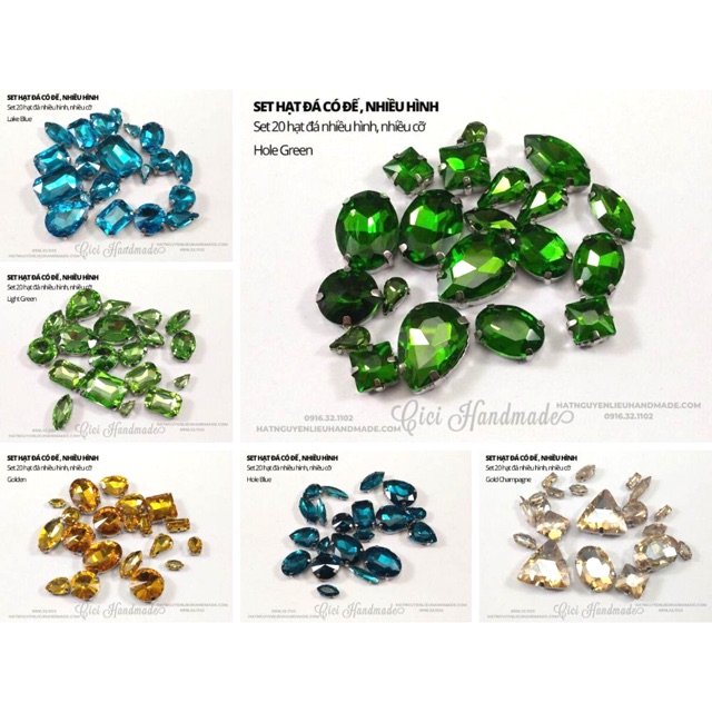 Set 20 hạt đá đế có lỗ khâu, nhiều hình, nhiều cỡ Cici Handmade chuyên hạt đá hạt cườm hạt trang sức