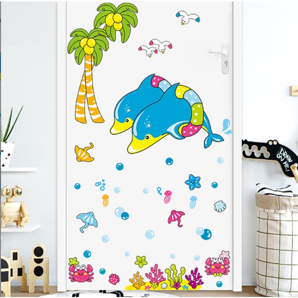 Decal trang trí tường - Cá heo xanh và những người bạn dưới đại dương