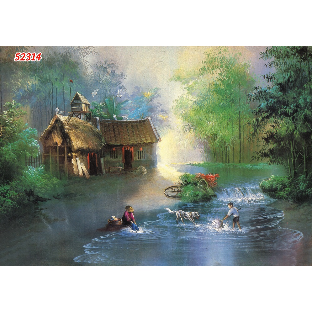 Tranh Đồng Quê Vải Lụa 3D Dán Tường Cao Cấp tặng kèm dụng cụ dán