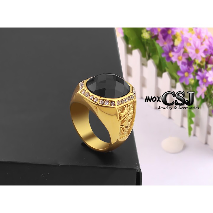 NHẪN NAM INOX MẠ VÀNG 2 BÊN CON RỒNG ĐÁ ĐEN siêu đẹp - tặng hộp đựng xinh xắn