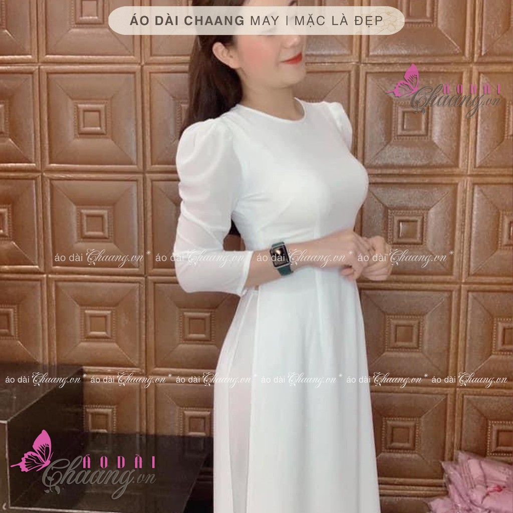 Áo dài trắng tay phồng cổ tròn truyền thống may sẵn áo dài lụa Tây Thi vai bồng đẹp