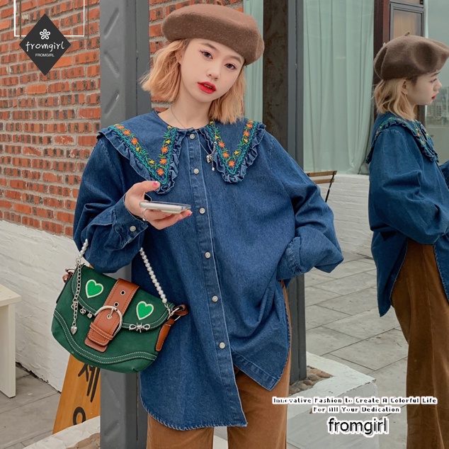 Hàng Mới Về Mới Áo Khoác Denim Cổ Búp Bê Thêu Hoa Dáng Rộng Thời Trang Mùa Xuân 2022 Cho Nữ