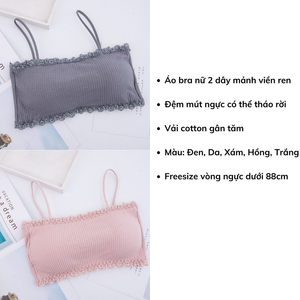Áo bra nữ 2 dây mảnh  gân tăm viền ren gợi cảm, Áo lót nữ đệm mút mỏng ôm ngực đẹp và dễ thương LANIXA B636