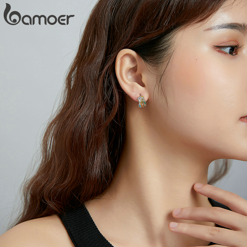 Hoa Tai Bamoer SCE1128 Từ Bạc Thật 925 Hình Lông Vũ Dát Đá Cubic Zircon Dành Cho Nữ