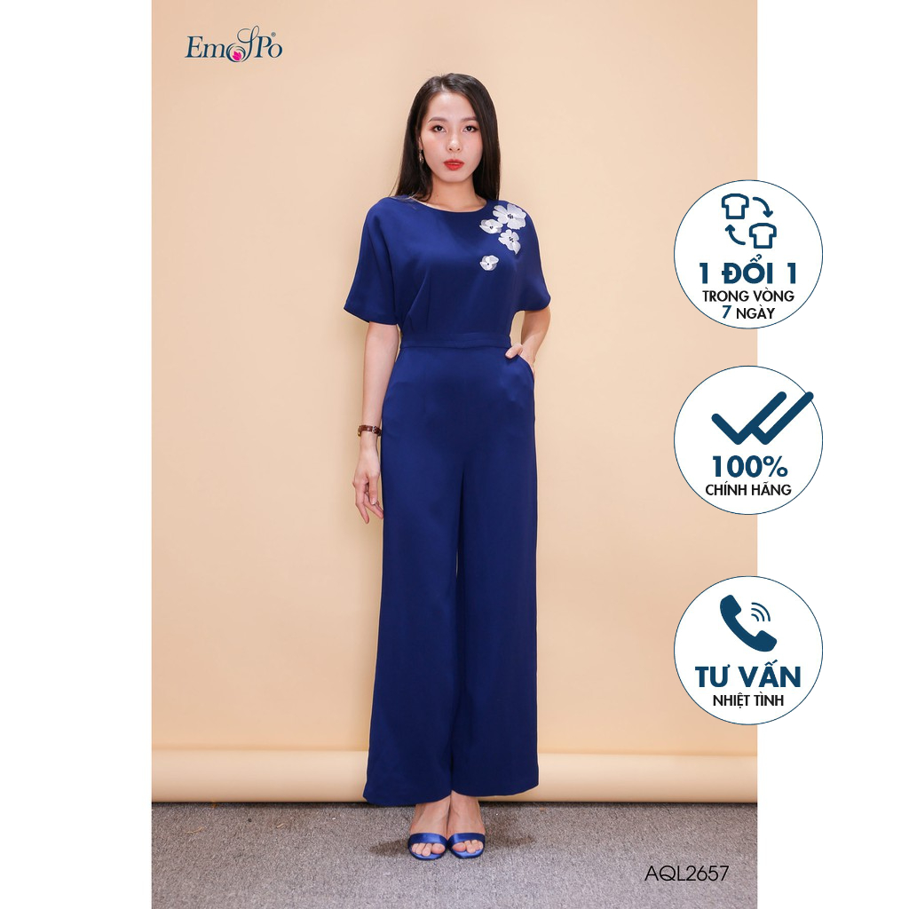 Áo Jumpsuit cổ tròn, áo cánh dơi, ống suông Emspo AQL2657 (Tím than, Coban)