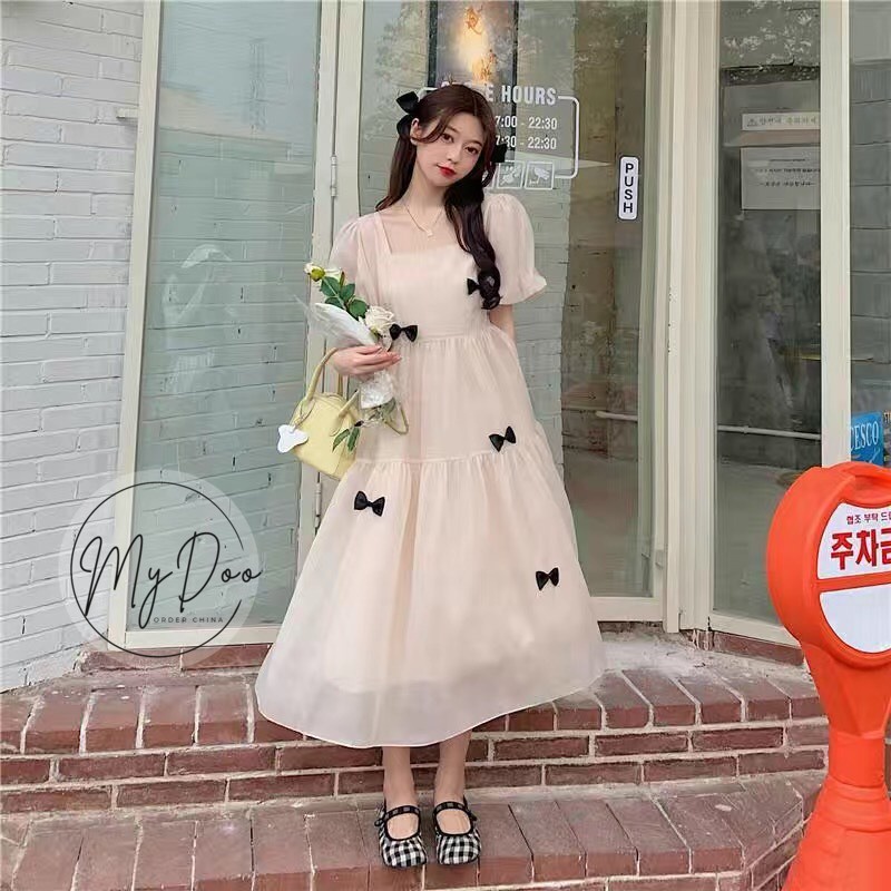 Váy trắng tiểu thơ dài xinh xắn 2 lớp HOT TREND váy baby doll nơ tay bồng cho nữ - V1