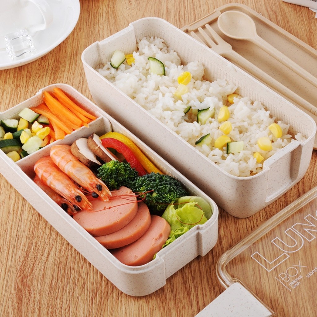 Hộp Đựng Cơm, Cặp Lồng Cơm Lúa Mạch 3 Tầng Tặng Kèm Thìa Lúa Mạch