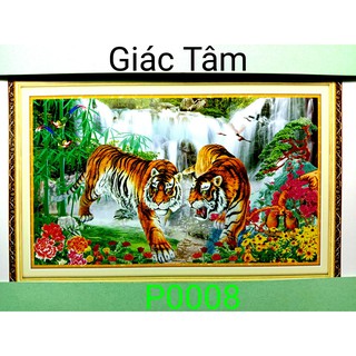 Tranh thêu SONG HỔ - 90x60cm - P0008 - NHỊ HỔ 2 CỌP CHIM HẠC THÁC RỪNG BÔNG MẪU ĐƠN TRÚC - tranh thêu chữ thập chưa thêu