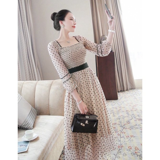 [sale 50% free ship] Đầm midi dáng dài đi dự tiệc cưới siêu xinh với chất lưới bi chủ đạo độc đáo có ép nhung