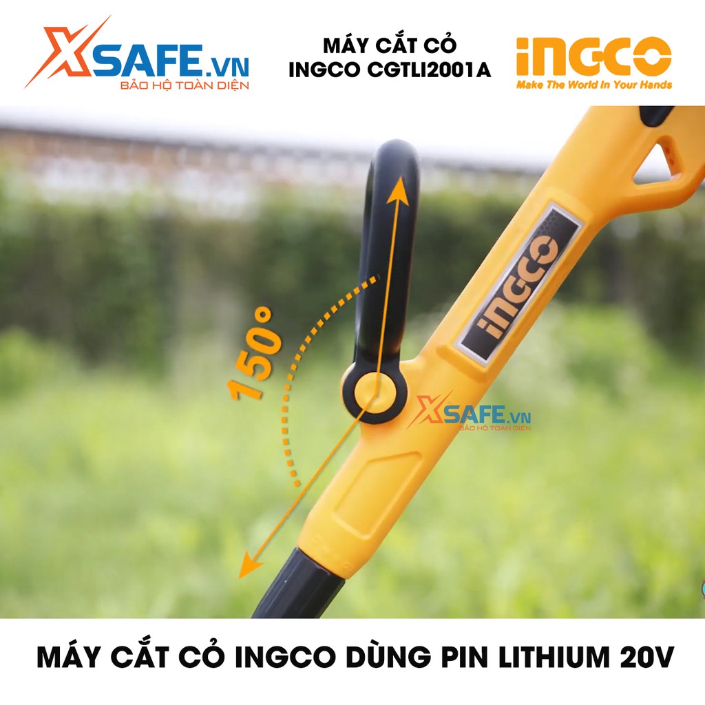 Máy cắt cỏ INGCO CGTLI2001 Tặng kèm Pin Lithium 20V và Sạc. Tốc độ không tải 8500/min, chiều dài lưỡi cắt 300mm