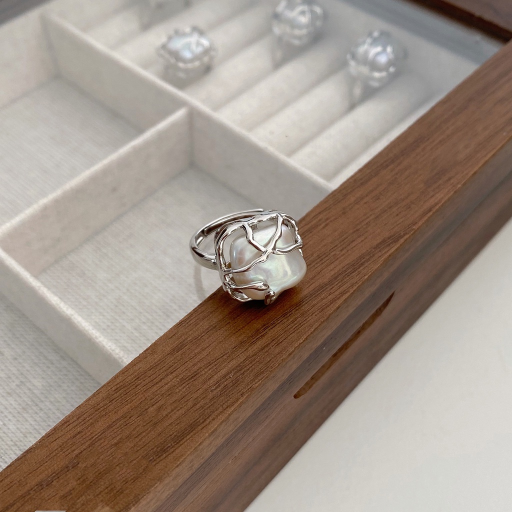 Nhẫn Hở Đính Ngọc Trai Hình Vuông Sang Trọng Phong Cách Hàn Quốc Cổ Điển