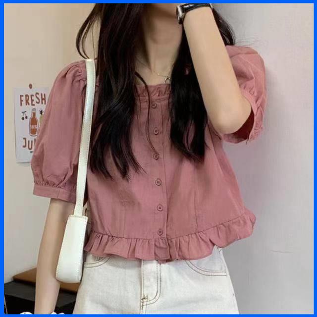 áo croptop nữ cardigan croptop Áo sơ mi ngắn tay 100% cotton áo cổ vuông viền tai gỗ tay phồng khí chất dễ thương mẫu mới xuân hè 2021 cho nữ