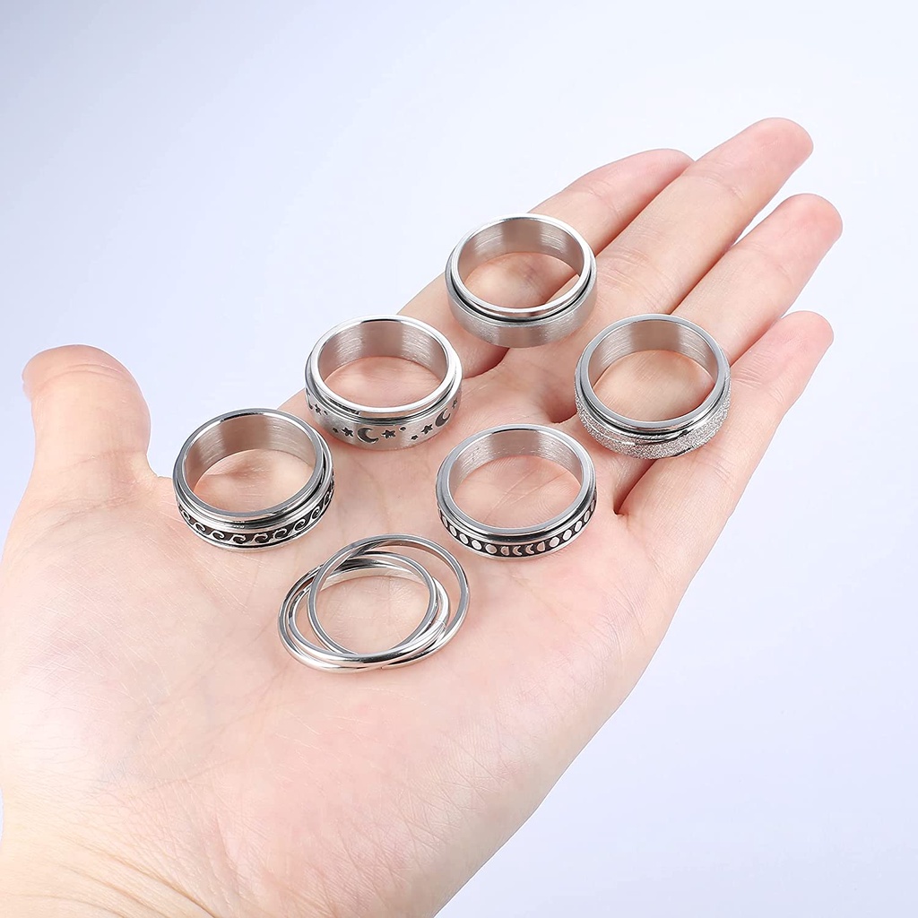 Set 6 Nhẫn Đeo Tay Bằng Thép Không Gỉ Hình Mặt Trăng Ngôi Sao Giúp Giảm Căng Thẳng Size 6