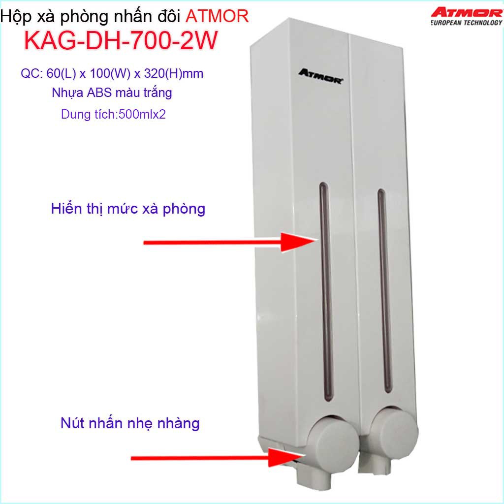 Hộp nhấn xà phòng Atmor KAG-DH7002W-white trắng, bình xịt xà bông 500ml x2 thiết kế sang trọng nhấn êm siêu bền