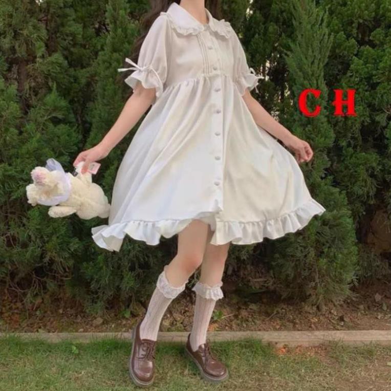 (HÀNG SẴN) VÁY BABY DOLL TRẮNG PHONG CÁCH LOLITA CỔ BẺ NƠ TAY🎎 VÁY CÔNG CHÚA DỰ TIỆC SIÊU XINH  ĐẦM DÁNG DÀI