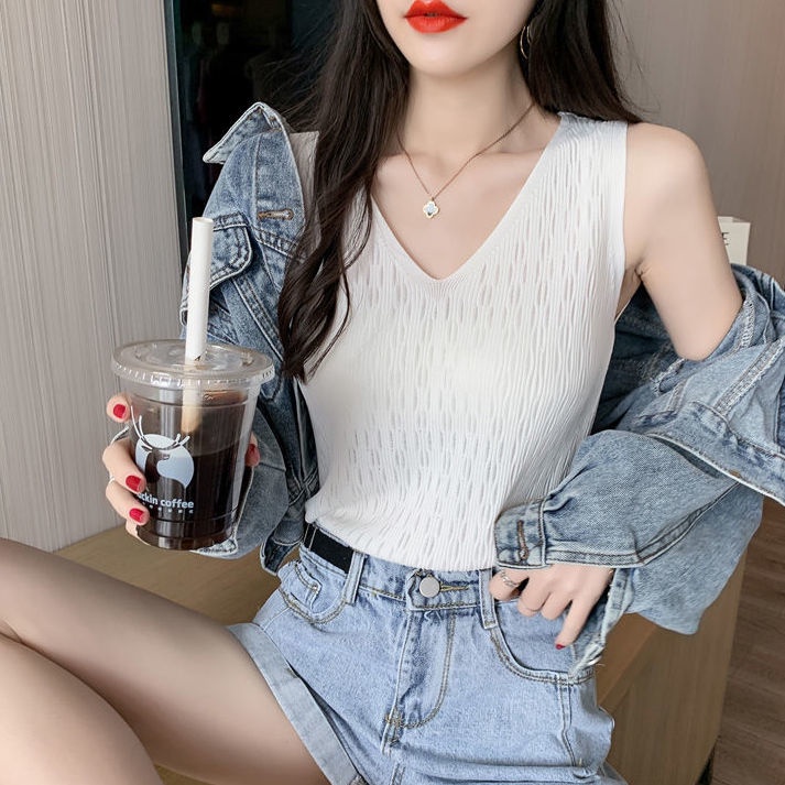 Áo dệt kim cổ v không tay cho nữ