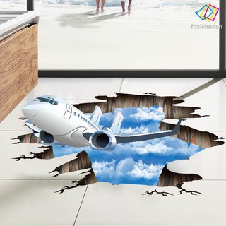 Nhãn dán tường in hình máy bay trên bầu trời 3D chất liệu PVC dùng trang trí nhà cửa đẹp mắt diy