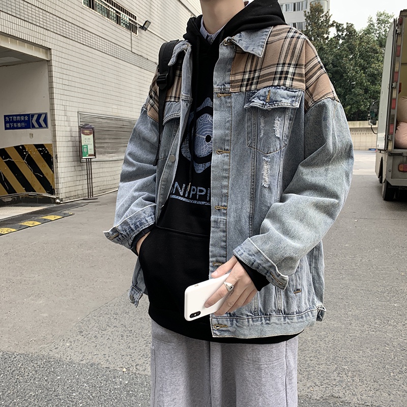 Áo khoác jean denim nam nữ unisex form rộng vai phối caro, áo khoát jacket jean nam nữ phong cách Hàn Quốc 2022