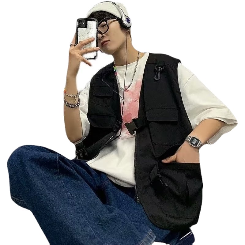 Áo Ba Lỗ Dáng Rộng Nhiều Túi Phong Cách Hip Hop Đường Phố Nhật Bản Cho Nam Cỡ M-2XL