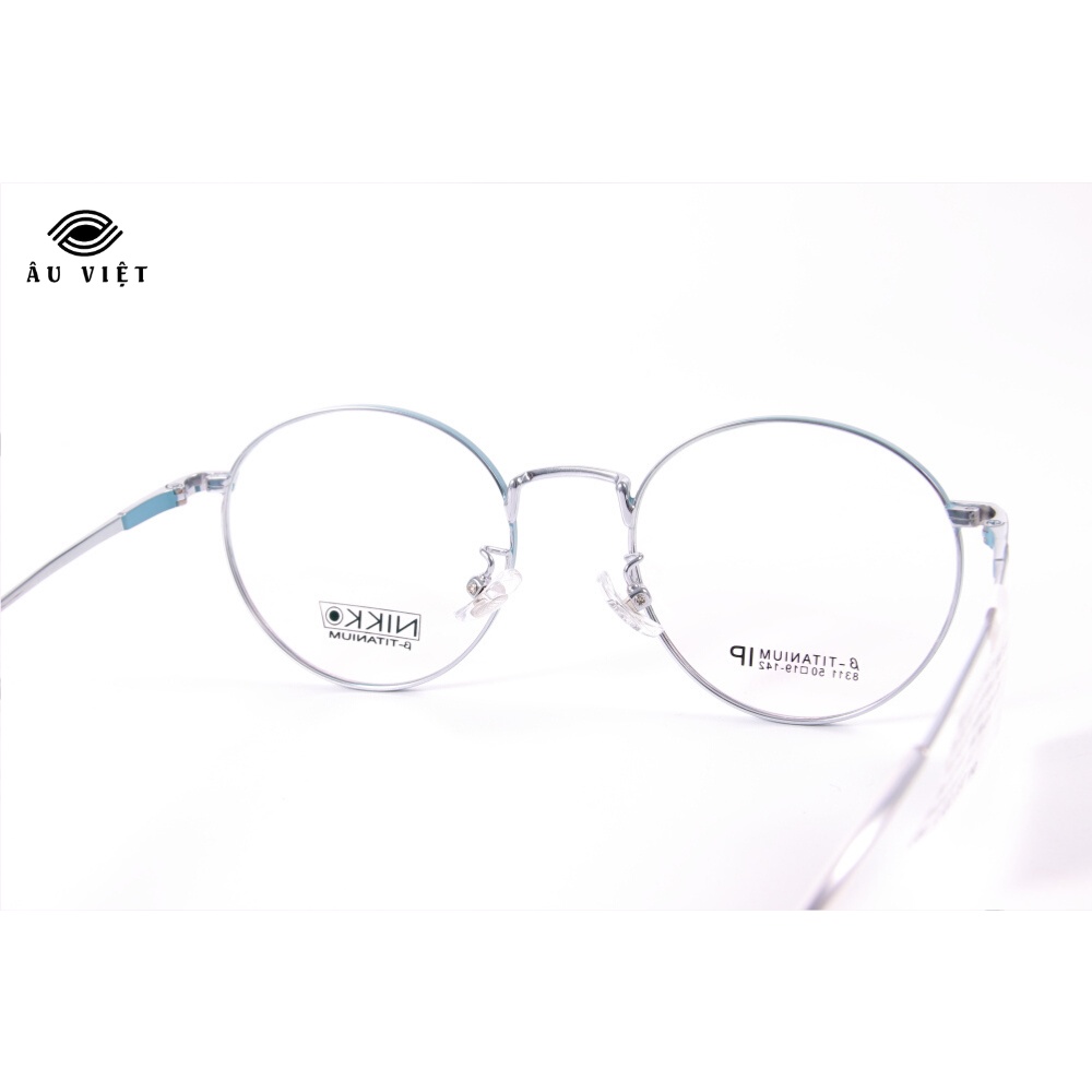Gọng kính kim loại titanium Nikko 8311 nam nữ unisex dáng tròn màu xám xanh Full box