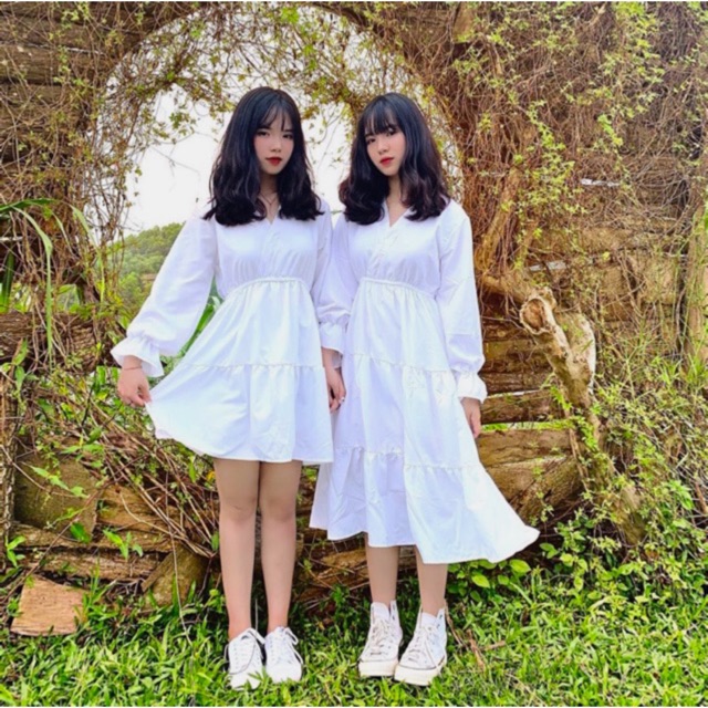 Đầm babydoll dáng xoè tay dài trắng và đen đôi bạn thân dáng ngắn và dáng dài