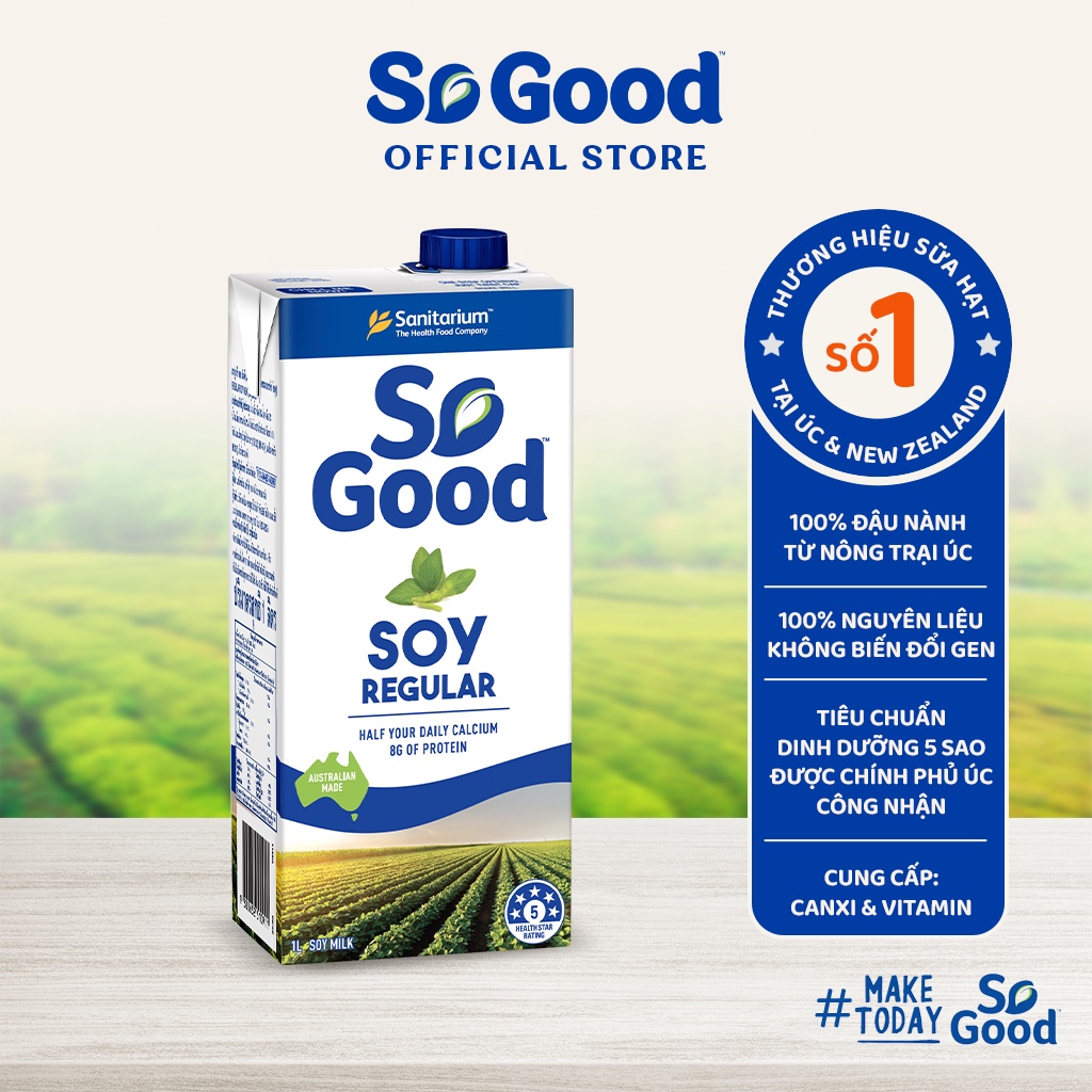 Sữa hạt đậu nành nguyên chất SO GOOD 1L calo thấp, bổ sung canxi và vitamin D phù hợp mẹ bầu, người kiêng đường