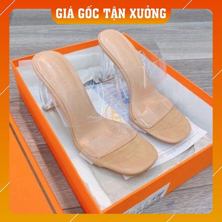 Guốc cao gót 2 quai trong suốt mũi vuông 9 phân