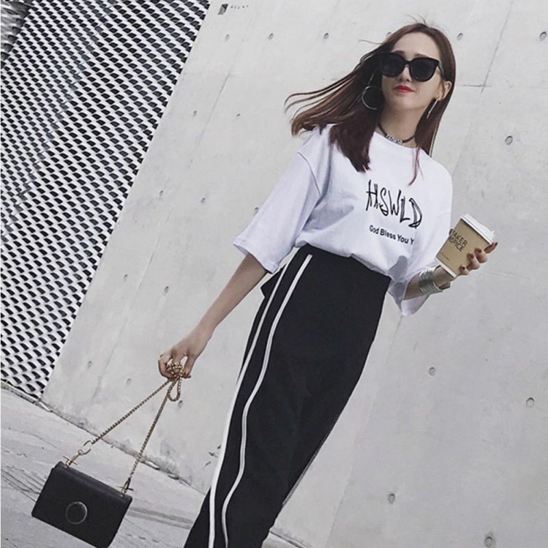 Set áo thun ngắn tay cổ tròn + quần dài ống rộng thời trang cho nữ | BigBuy360 - bigbuy360.vn