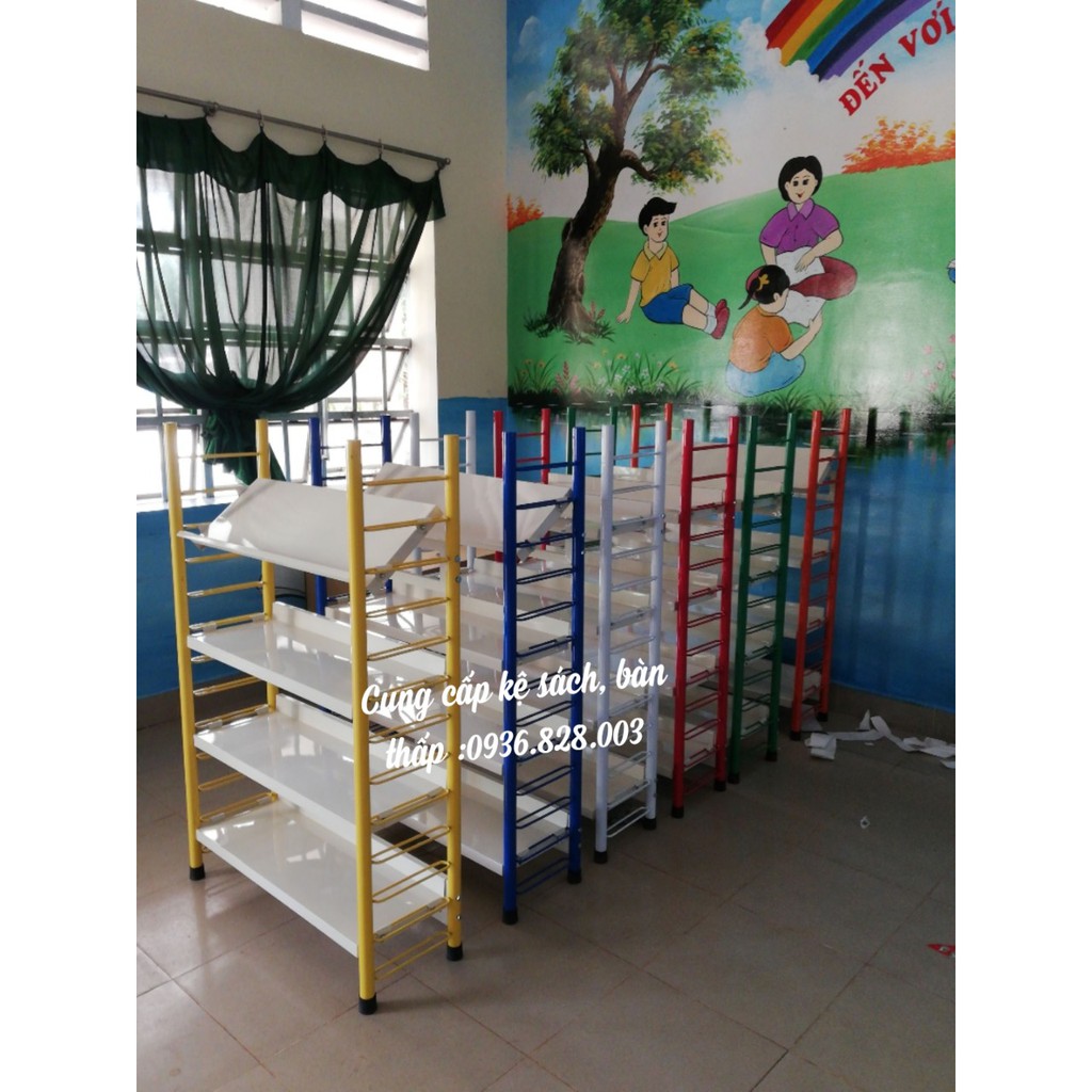 Kệ sách thư viện theo mô hình thư viện thân thiện Room T Read,Kệ có 6 màu:Đỏ,Cam,X.Dương,Trắng,Vàng,X.Lá.