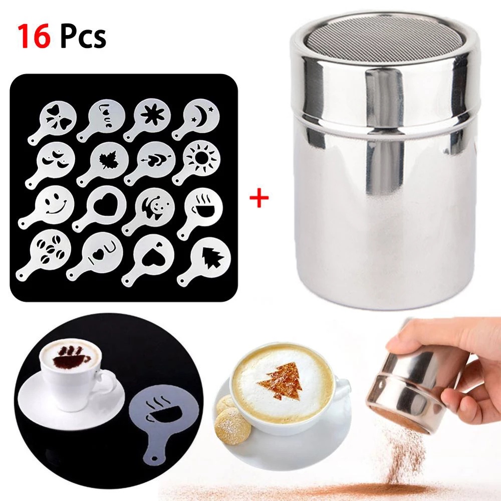 Lọ rắc bột cacao tạo hình chất liệu inox và Khuôn vẽ hình capuccino điệu nghệ
