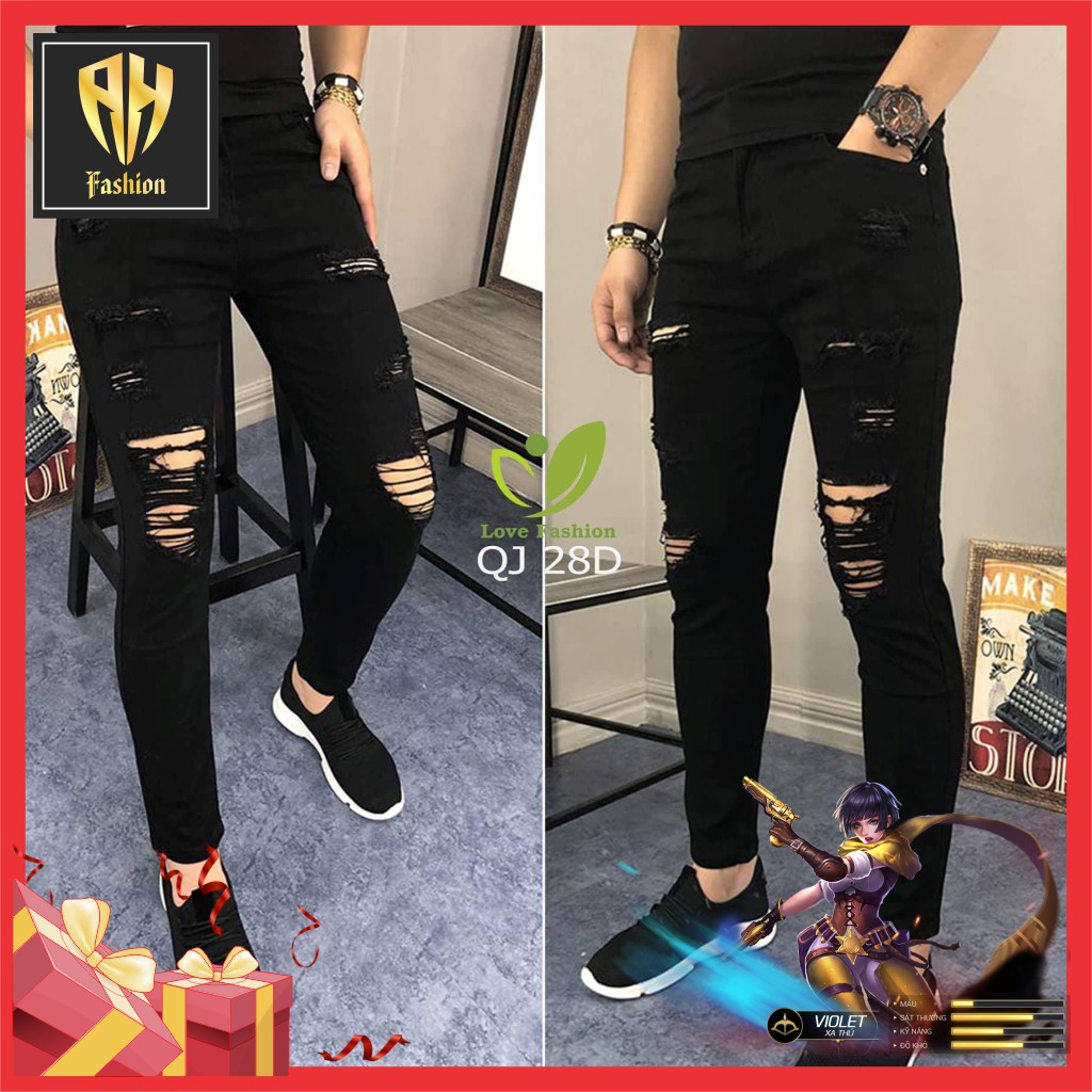 Quần jean nam đen chất bò rách gối cao cấp co giãn 2 màu giá rẻ mẫu mới nhất AHFASHION | BigBuy360 - bigbuy360.vn