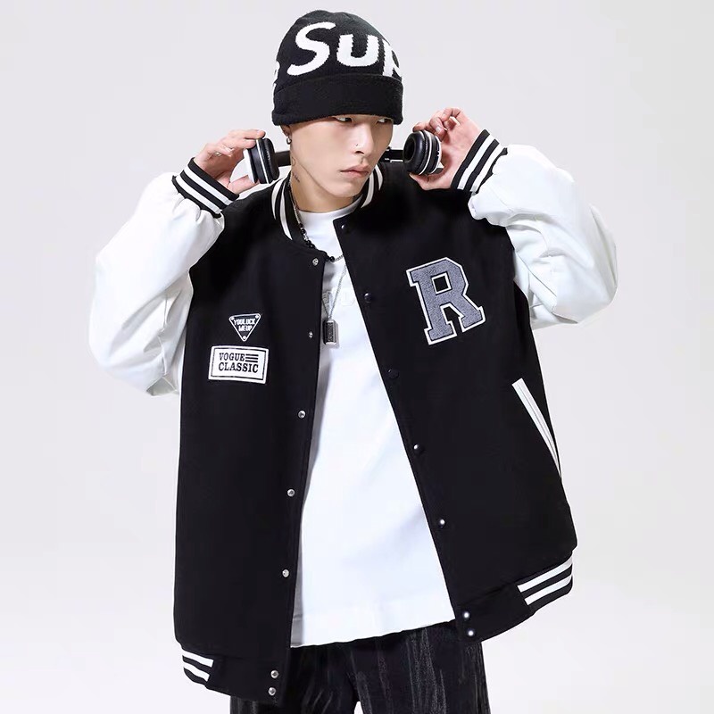 Áo Khoác Bomber Varsity Jacket Bóng Chày Thêu Chữ 𝐑 Chất Da Lộn Lót Dù Form Rộng Basic Nam Nữ Unisex Couple Ulzzang
