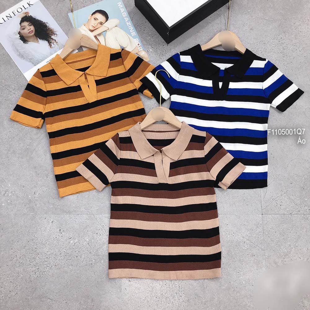 Áo len sọc cổ bẻ tay con hàng QC!