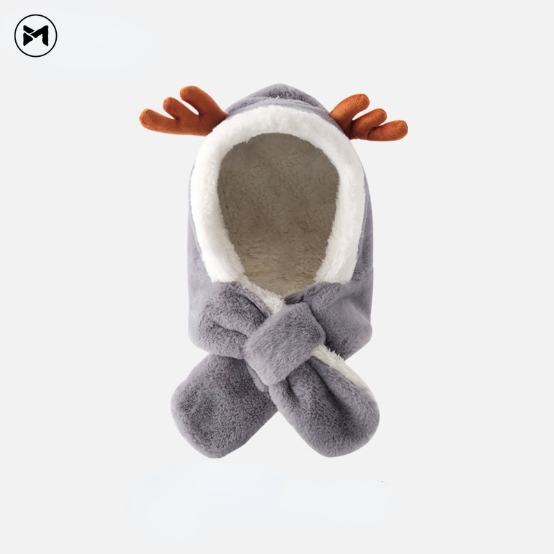 Nón Tích Hợp Khăn Choàng Cổ Bằng Lông Cừu Họa Tiết Hoạt Hình Phong Cách Hàn Quốc Dành Cho Bé 2-8 Tuổi