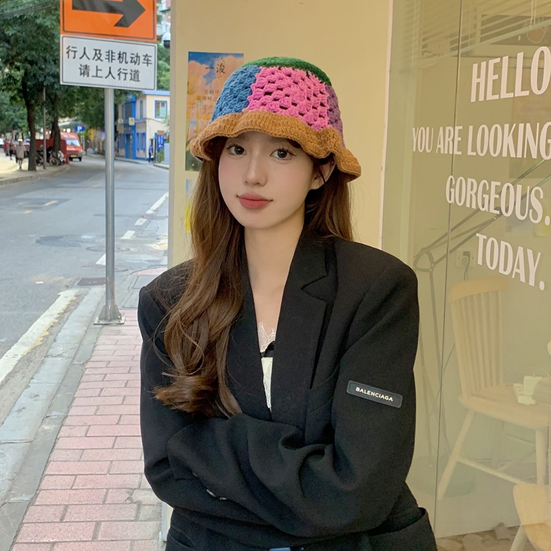 Mũ Bucket Dệt Kim Tay Bèo Màu Sắc Tương Phản Phong Cách Nhật Bản Thời Trang Thu Đông Cho Nữ