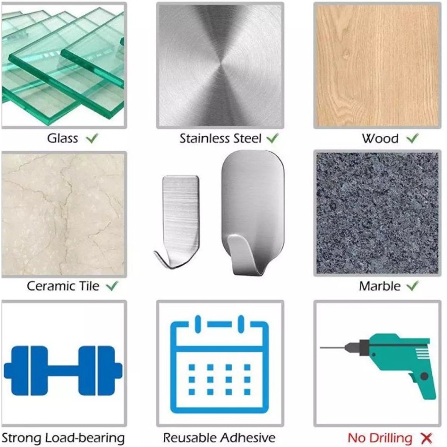 Combo 6 Móc dính tường inox 304 KM móc dán tường chịu lực dùng keo 3M siêu dính tiện ích gia đình