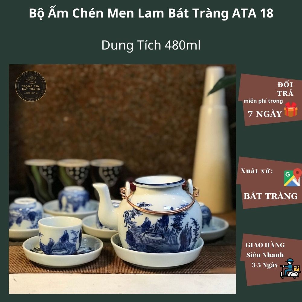 Bộ Ấm Chén Trà Đạo Gốm Trắng Men Lam Bát Tràng Trúc Lâm Thất Hiền Dung Tích 480ml (Bộ Ấm Chén) ATA 18