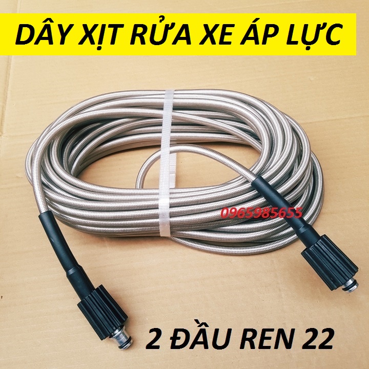 Dây rửa xe 10M,15,20,30M áp lực cao 2 đầu to ren 22mm kèm khớp ĐỒNG nối dây ren 22 . Dây xịt rửa áp lực cao