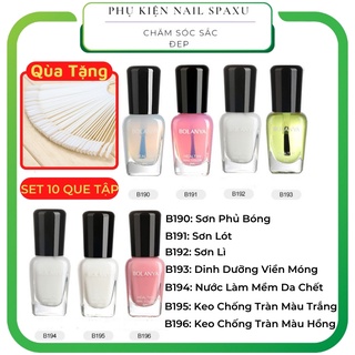 Sơn móng tay nail box BOLANNY gồm sơn phủ bóng,lót,top lì,dưỡng viền,mềm da chết,keo chống tràn màu trắng hồng