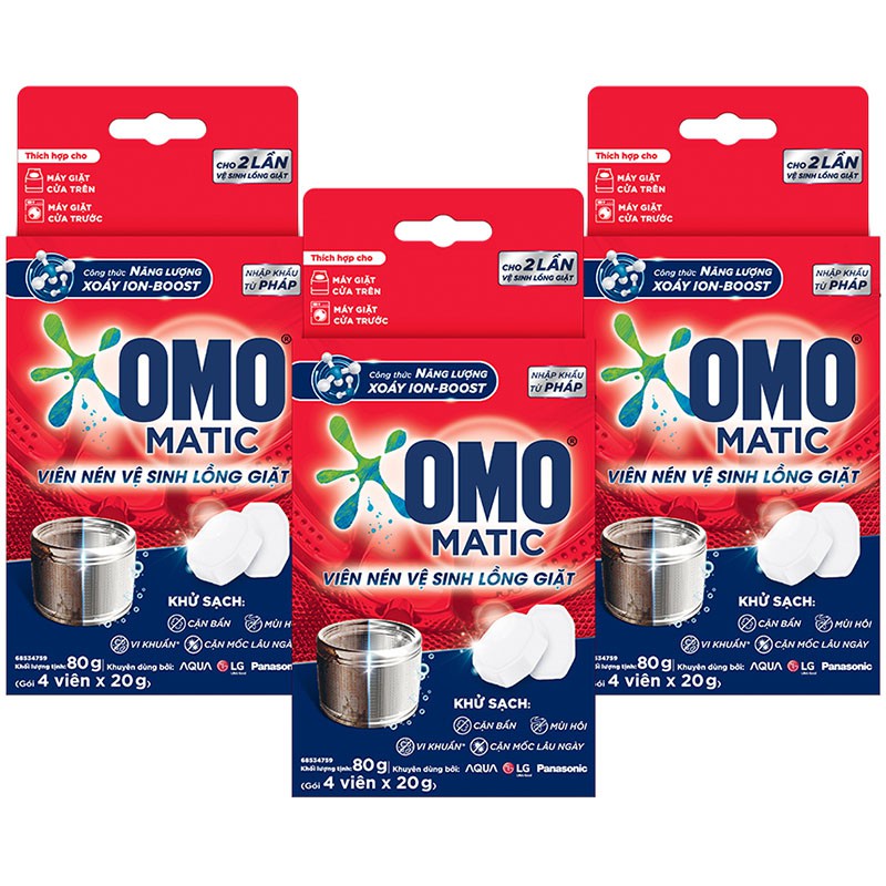 COMBO 12 Viên Tẩy OMO Matic Nén Vệ Sinh Lồng Máy Giặt 80g 80 g (3 Hộp x 4 viên x 20g ) Khử Sạch Cặn Bẩn