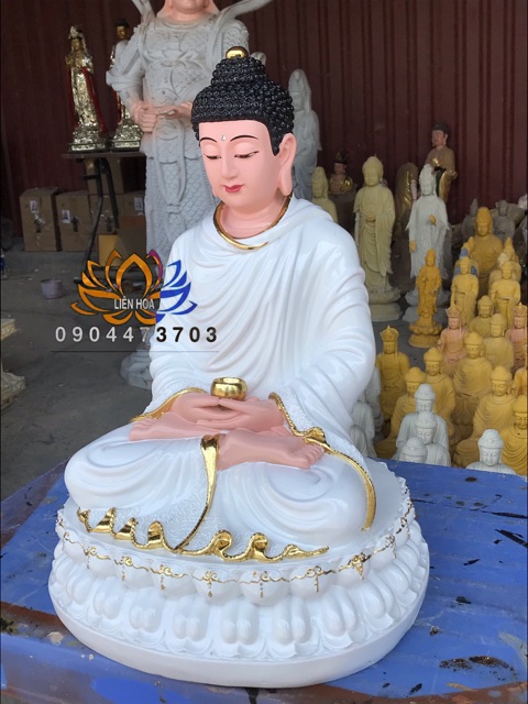Tượng Bôn Sư Thích Ca cao 40cm màu trắng dát vàng viền Đài Loan