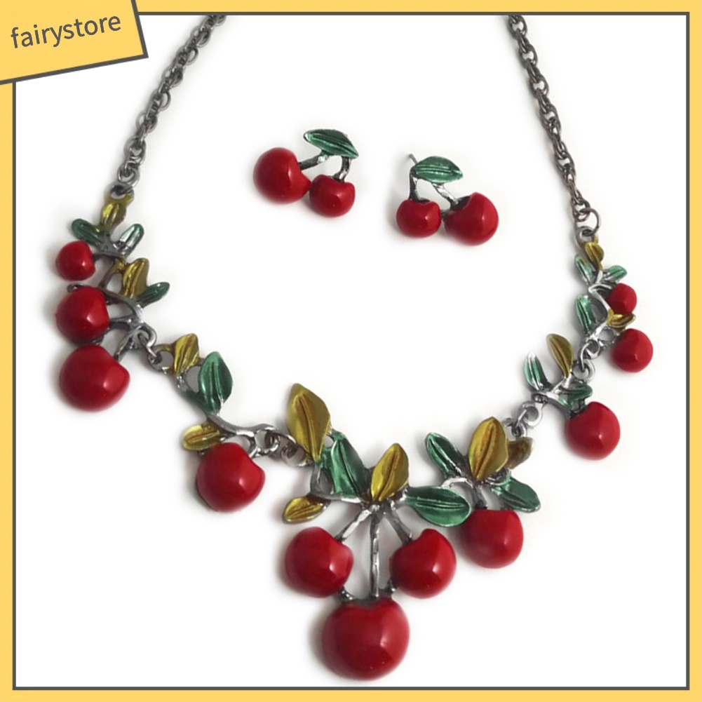 Set dây chuyền và đôi khuyên tai hình trái cherry đỏ thời trang cho nữ