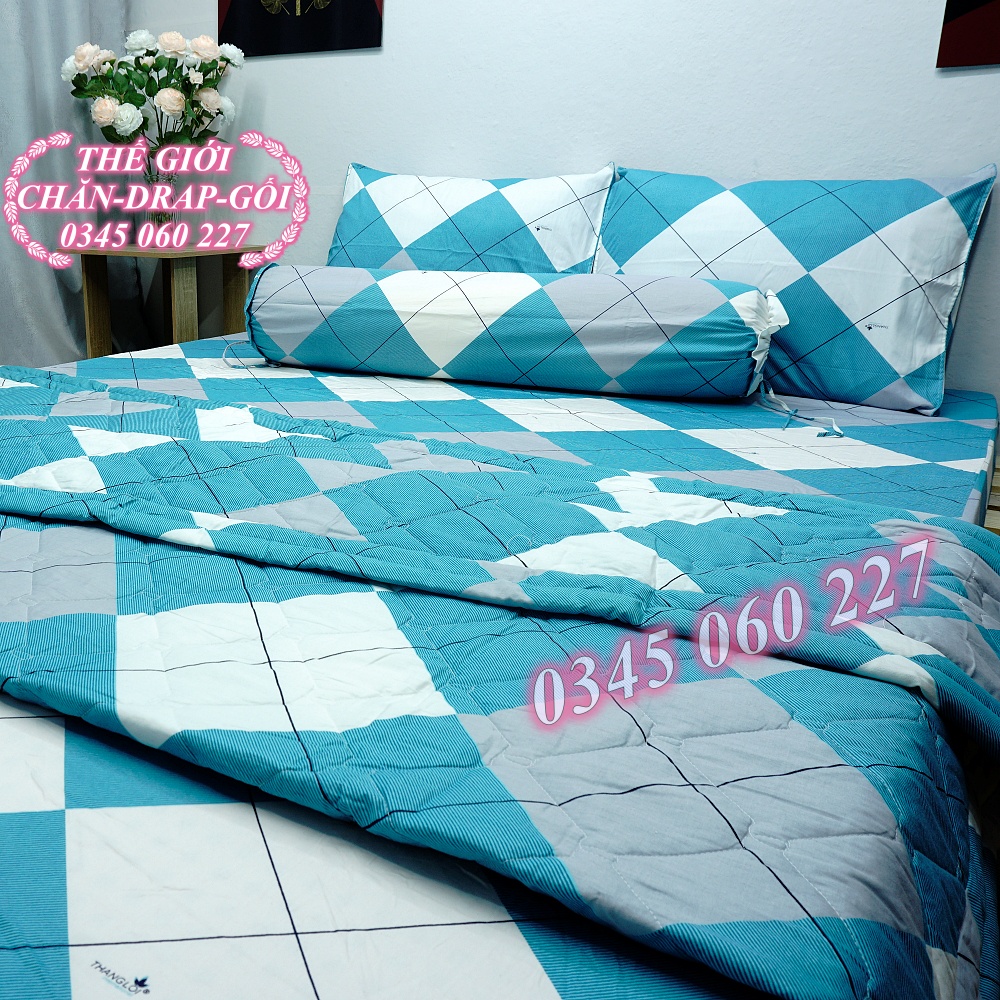 (RẺ VÔ ĐỊCH) bộ drap cotton Thắng Lợi, ga trãi giường 100% chuẩn LOGO ( Ô XANH NGỌC)