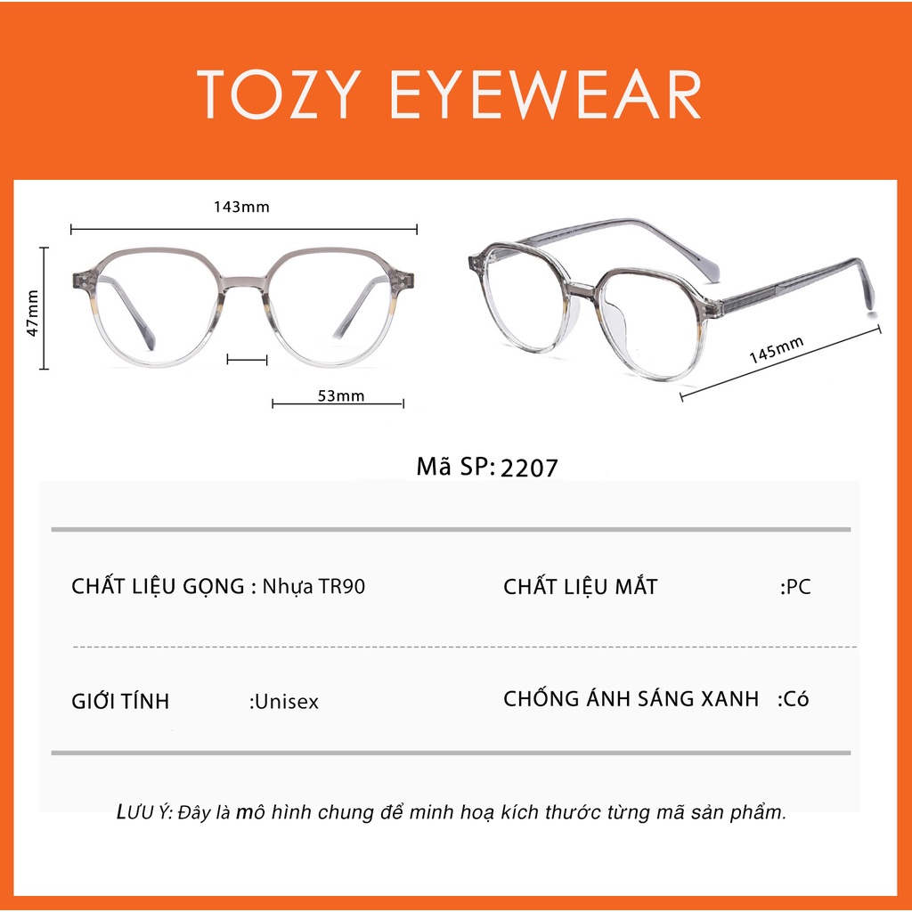 Gọng kính cận, giả cận dáng vuông thời trang nam nữ mắt chống ánh sáng xanh chính hãng TOZY - 2207