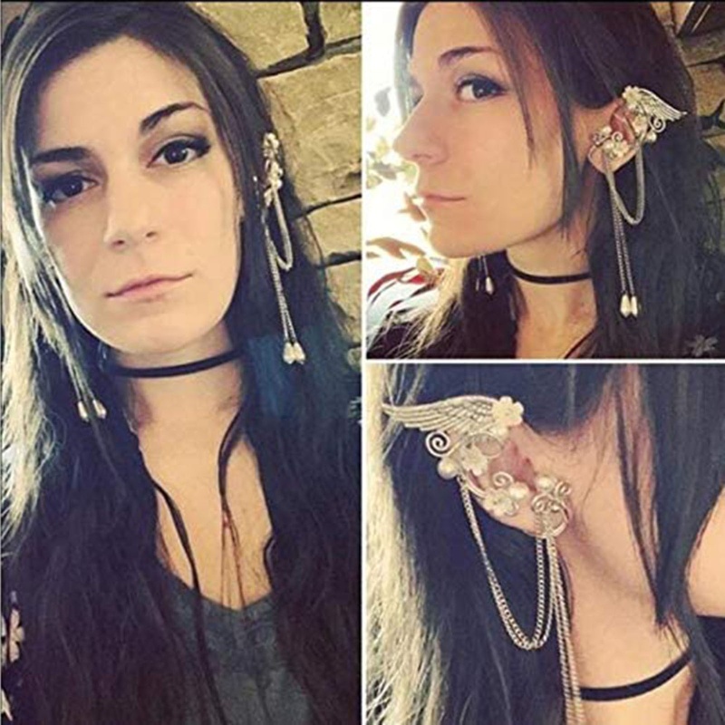 Khuyên Tai Hình Còng Tay Elf Dáng Dài Phối Tua Rua Phong Cách Vintage