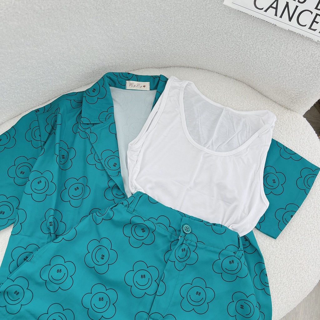 SET 3 MÓN:ÁO KHOÁC CỔ VEST TAY NGẮN + ÁO 3 LỖ TRẮNG + SHORT HOẠ TIẾT HOA