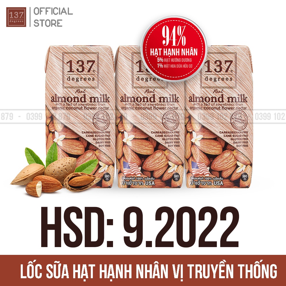 SALE Date Gần Sữa Hạt nguyên chất 137 Degrees - Lốc 3 Hộp 180ml