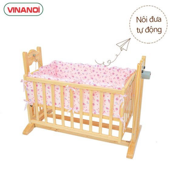 Nôi Gỗ Thông Tự Động Màu Tự Nhiên 3Trong 1 Cho Bé VINANOI-VNN201TN-Vừa Làm Nôi Tự Động Vừa Làm GIường Vừa Làm Cũi Cho Bé