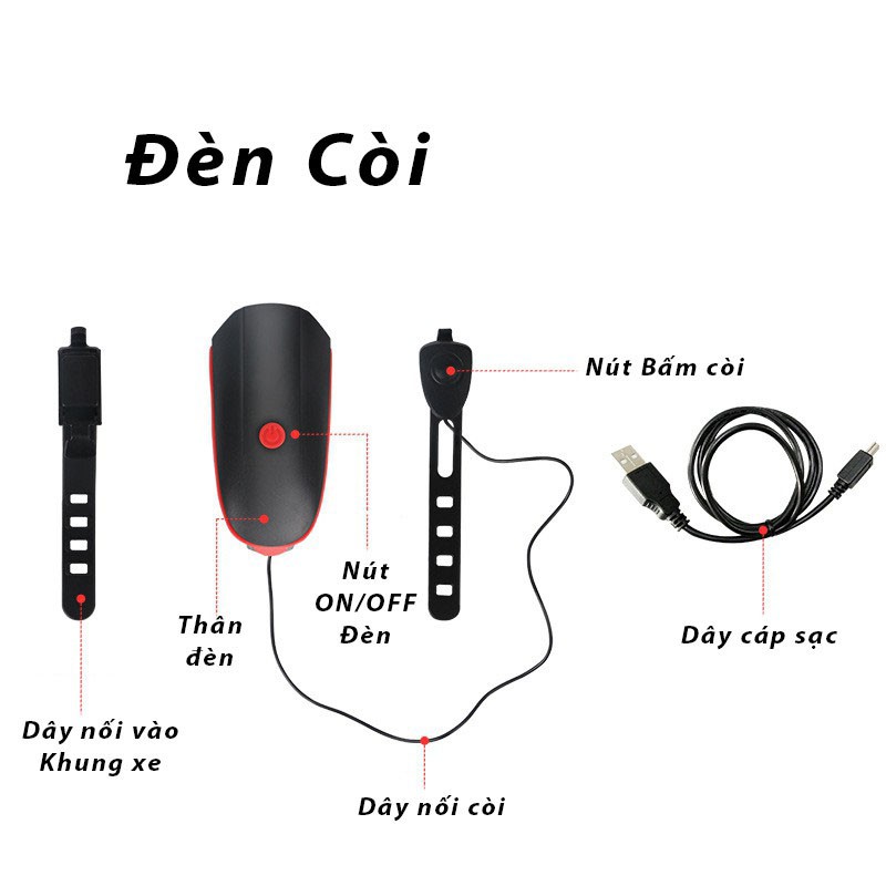 Đèn xe đạp led 3 chế độ siêu sáng còi to sạc USB chống nước tuyệt đối