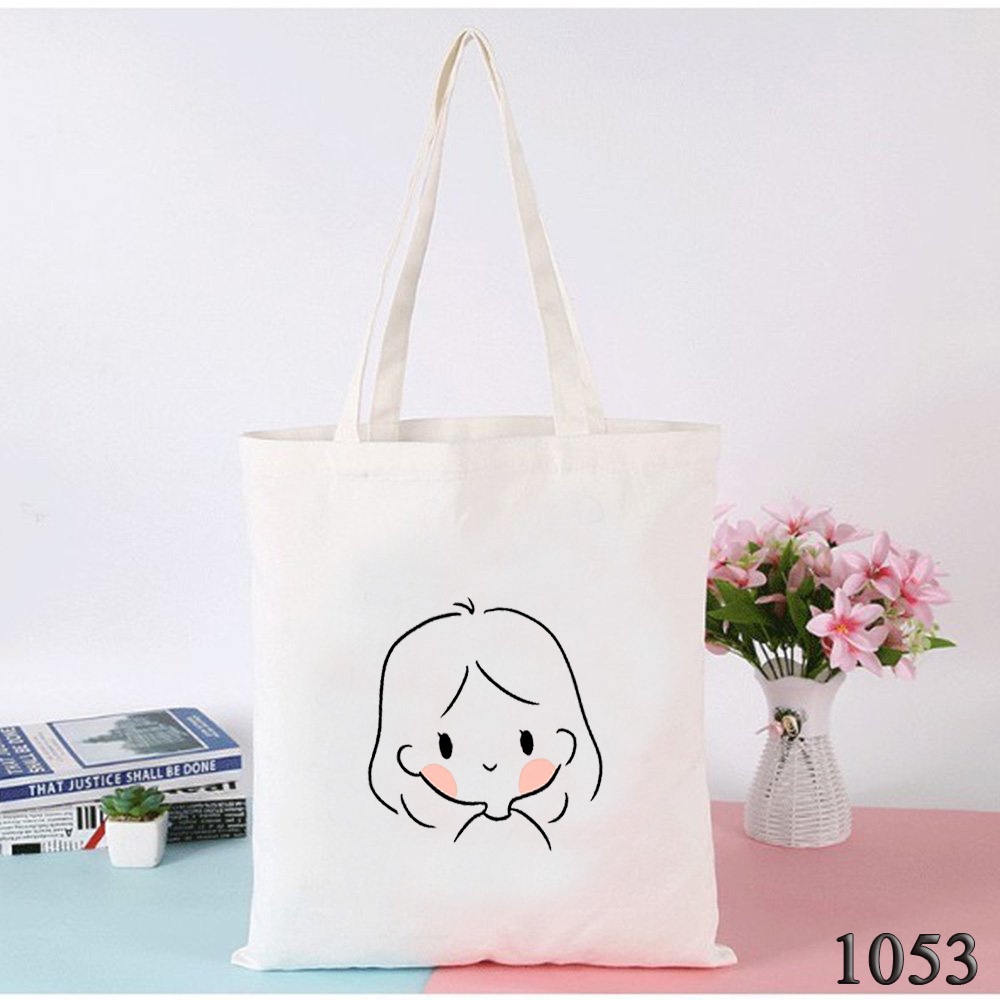 Túi Tote Trắng Vải Canvas Mềm Họa Tiết Cô Gái Má Hồng 1053 Thời Trang Dạo Phố Hàn Quốc Cục Xinh